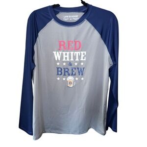 Life Is Good Mens Red White Brew Graphic Raglan Long Sleeve Swim Shirt Sz Medium